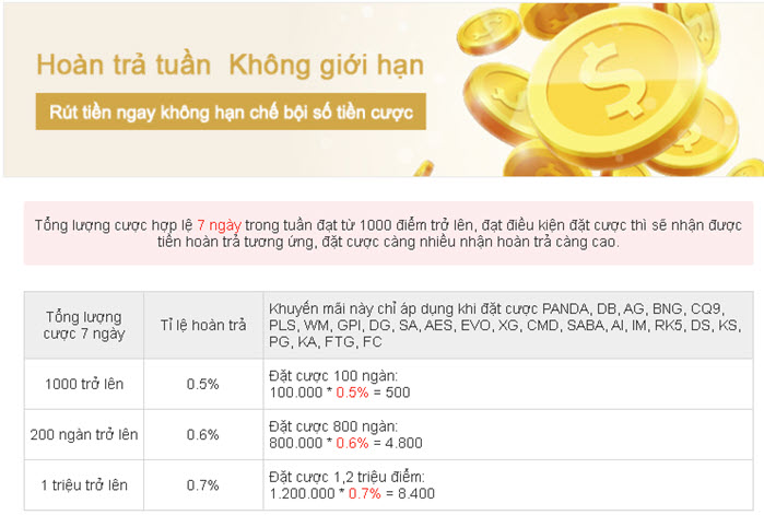 đặt cược càng nhiều nhận hoàn trả càng cao.